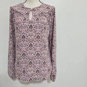 LOFT size Small Floral Geometric Keyhole‎ Ruffle Casual Top White Multicolor